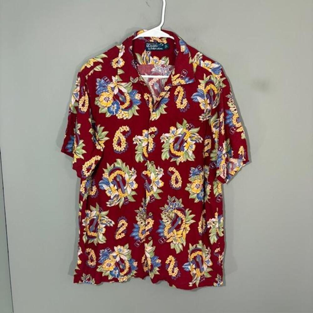 Polo By Ralph Lauren Shirt Mens Large Red Floral Hawaiian Short Sleeve Button Up